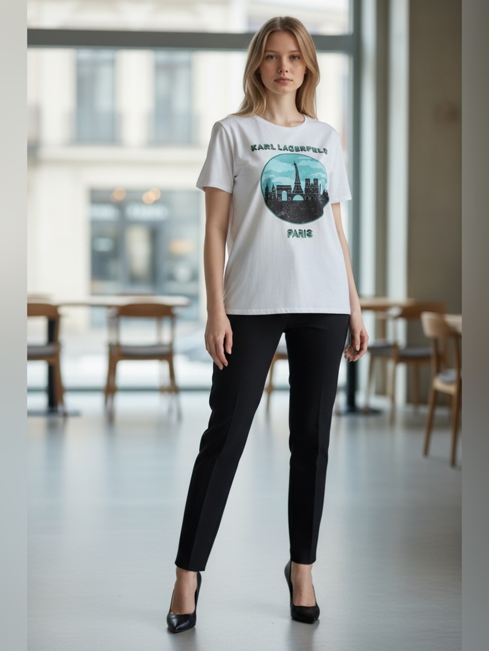 Karl Lagerfeld Paris Graphic Tee White Paris Skyline Rhinestone Logo Top, Large